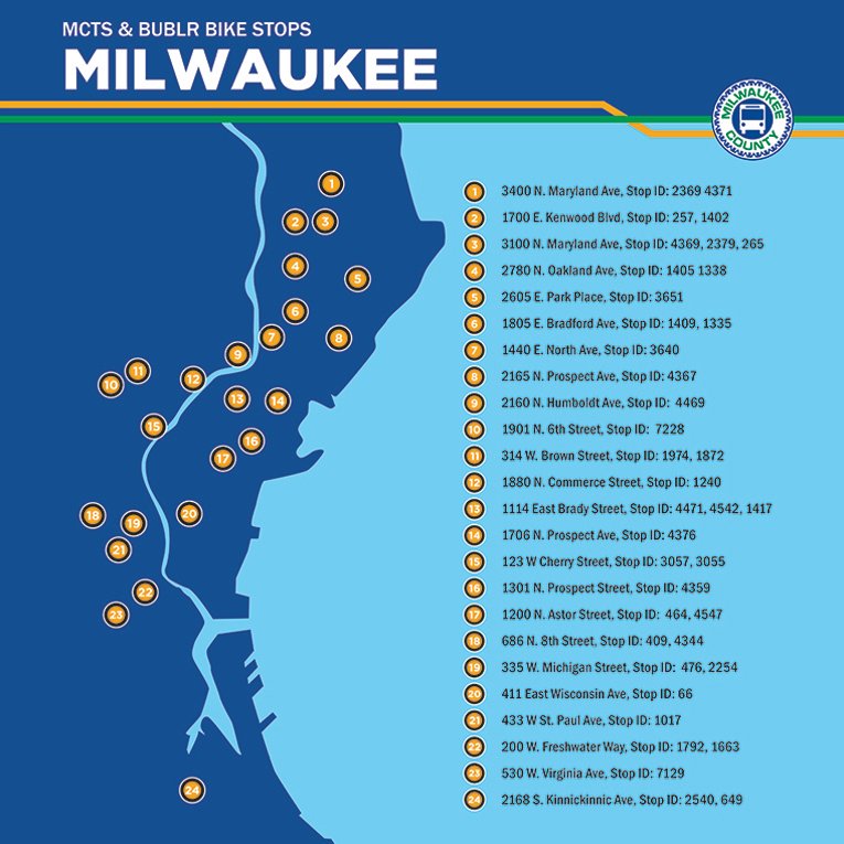 RideMCTS's tweet photo. Happy #WisconsinBikeWeek! Did you know that more than 80% of @BublrBikes stations are co-located with MCTS bus stops? Snap a photo at any joint location and tag us for a chance at winning free rides and even a ‘Buslr’ pass for your M•CARD! #WIBikeWeek https://t.co/7SACHwa4mI https://t.co/zIGALxa5Lx