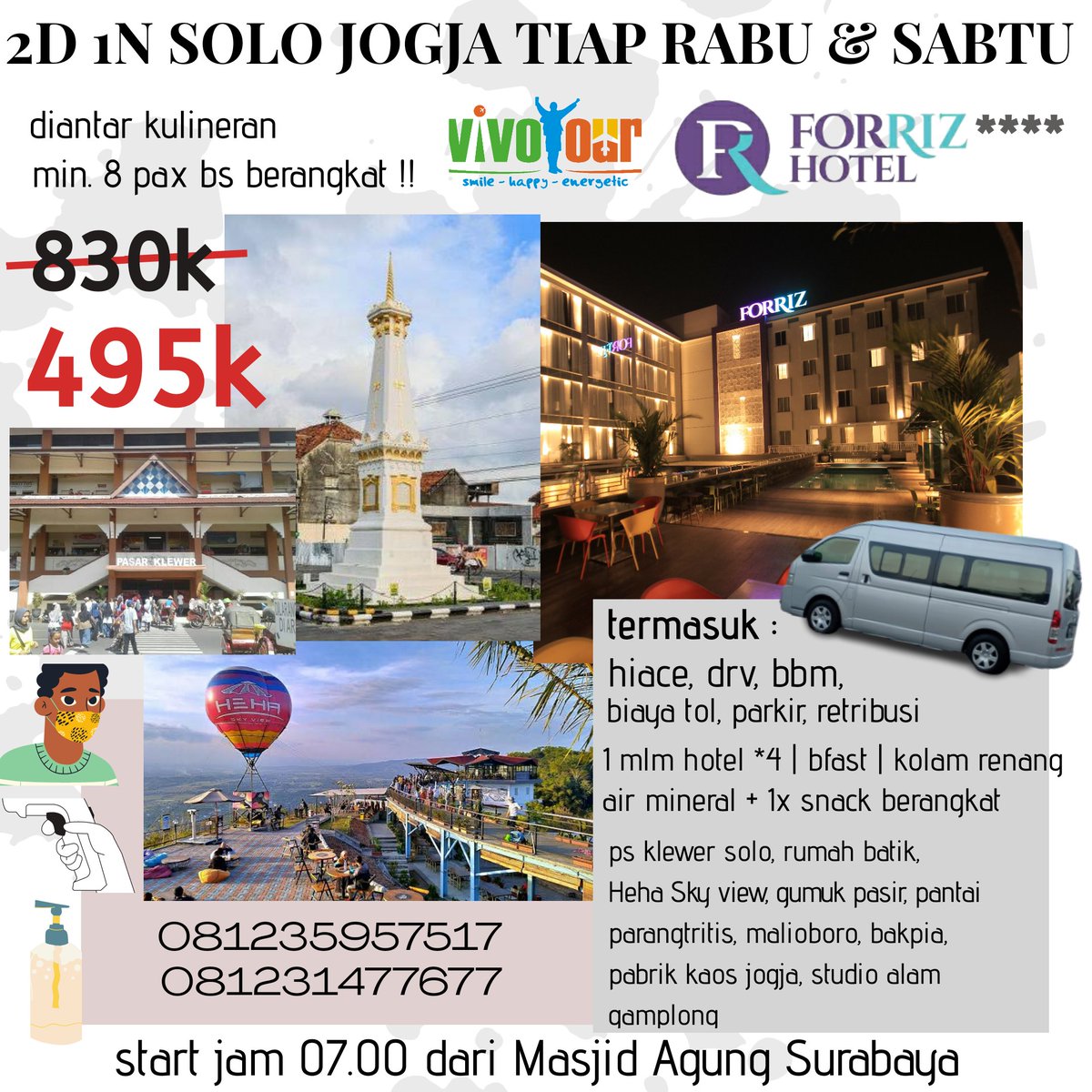 vivotoursby's tweet photo. Ke solo jogja 2hari 1malam,  Murah, aman,nyaman , gak pake ribet, Bisa kuliner sesuka hati, 

Menginap di hotel *4 termasuk makan pagi, 

8 orang bisa berangkat,
Mau gabungan atau privat, silahkan klik langsung untuk info detail dan reservasi 
https://t.co/qZoEea411C https://t.co/FsDQbVXMEN