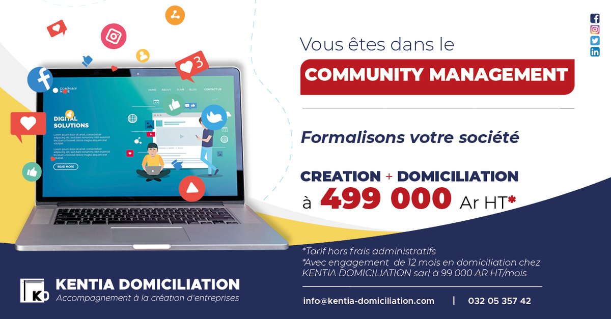 KentiaDom's tweet photo. KENTIA DOMICILIATION sarl   vous propose de  vous accompagner dans la création et la domiciliation d’entreprise ou de société dans le domaine du community management à un tarif de 499 000 Ar HT.
Infoline: 032 05 357 42 info@kentia-domiciliation.com https://t.co/qINuyQaiIV