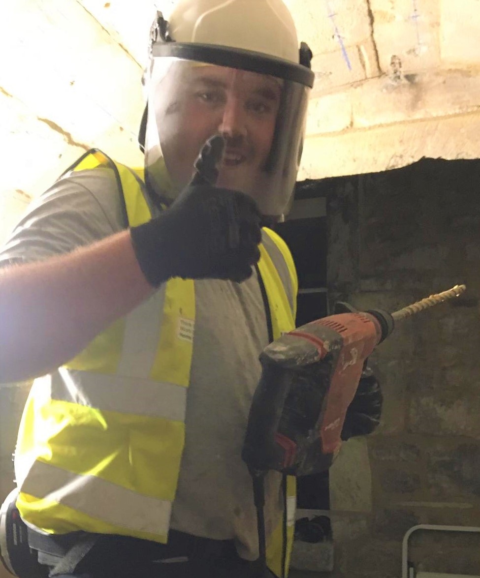 ConcreteMps's tweet photo. Here we're doing a little drilling prior to #resininjection in a vaulted #basement in Bath &amp; full safety gear! No dust damage to eyes and lungs😊INFO: https://t.co/1Q49bIT4An #construction #renovation #refurbishment #basementwaterproofing #basements #concreterepair @DB_Group_Ltd https://t.co/tqZF0zLQAa
