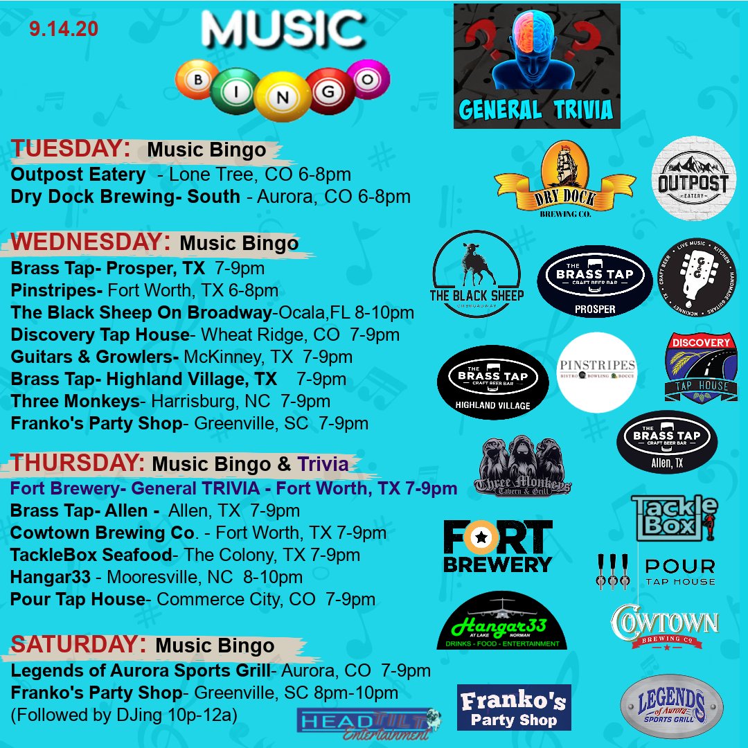 Headtiltfun's tweet photo. #MusicBingo #Trivia #PubTrivia #smarts #Free #craftdrinks #craftbeer #cerveza #LoneTreeCO #AuroraCO #McKinneyTX #HighlandVillageTX #CommerceCity #Weekly #ArlingtonTX #FortWorthTX #GreenvilleSC #MooresvilleNC #HarrisburgNC #WheatRidgeCO #TheColonyTX #OcalaFL #ProsperTX #AllenTX https://t.co/19wSetjNzh