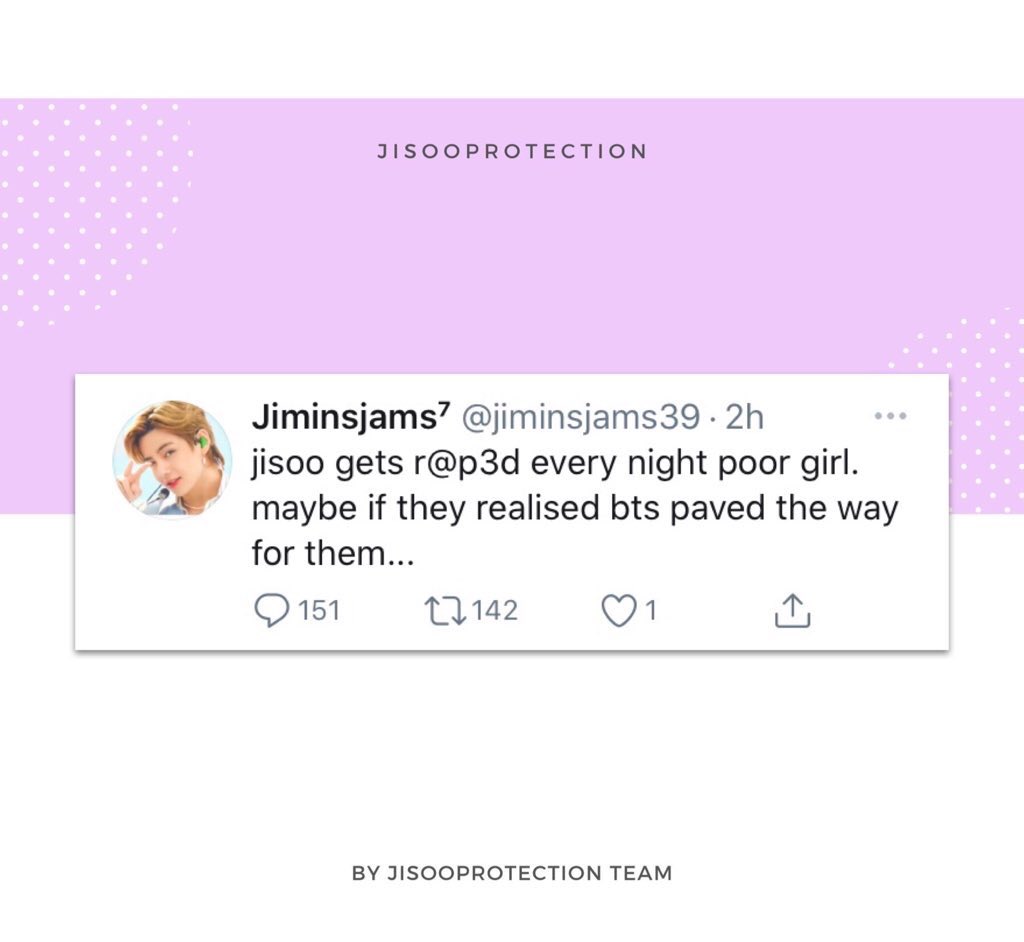protectKJS's tweet photo. These Days, JISOO is receiving alot of hate from antis especially armies!
Hate aside, now she is receiving de@th and r*pe threAts openly
HarrAssment,bvllying and slvtshaming have gotten so normal towards them and its highly worrying

@ygent_official TAKE ACTION

 #YG_ProtectJISOO https://t.co/gUOjM3j0AL