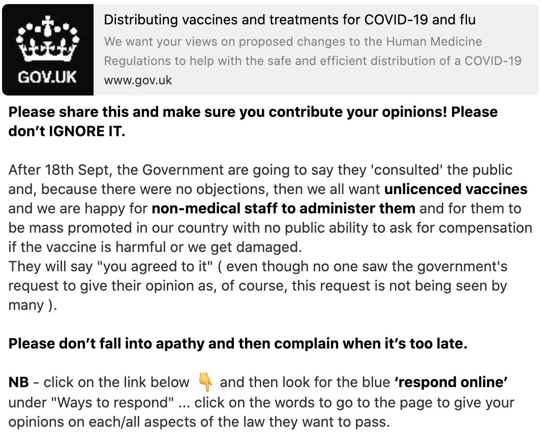 This is so important. The government is trying to quietly change the law to allow non-medical staff to administer unlicensed vaccines. We need millions to reject this - please read and share far and wide: 
gov.uk/government/con…