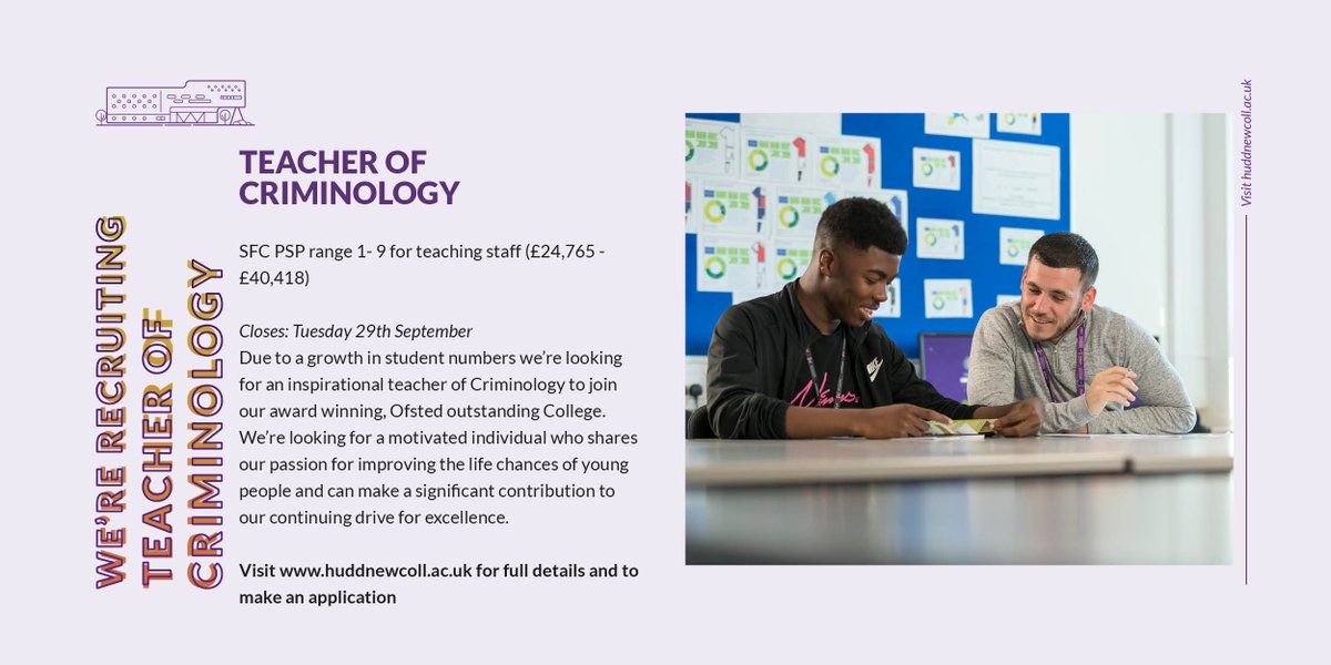 huddnewcoll's tweet photo. Are you looking to join an outstanding, award winning College? Could you be our new teacher of Criminology and be part of a  team that transforms lives? Due to a growth in student numbers, we have a new position for a Criminology teacher. Read more here: https://t.co/Jgj69Ndt0a https://t.co/0vTTPlxU7U