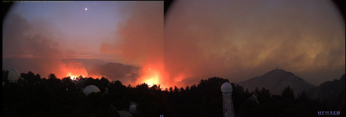 I combined East and South views from the <a href="/MtWilsonObs/">Mount Wilson Observatory</a> of the #BobcatFire at dawn. On the left that's the Moon and Mars. This link is to the East view: hpwren.ucsd.edu/cameras/I/wils…