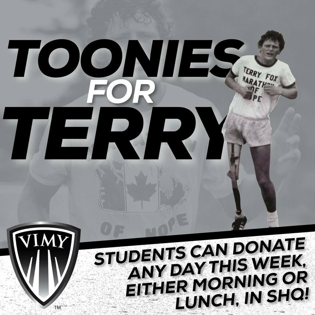 VimyAcademy's tweet photo. This week we are collection donations for the @terryfoxfoundation in SHQ! Donate your toonies (or any other monetary donation) in the morning or at lunch all week! #vimysc #vimyproud #epsb #terryfox #tr https://t.co/6bnGgpGcob https://t.co/YgOOqWlz0g