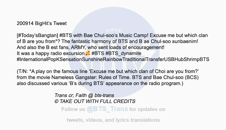 Bts Translations Bangtansubs 0914 Bts Twt Bighit S Tweet Todaysbangtan Bts With Bae Chul Soo S Music Camp Excuse Me But Which Clan Of B Are You From The Fantastic Harmony Of Bts Bts Translations Bangtansubs 0914 Bts Twt Bighit S Tweet Todaysbangtan Bts With Bae Chul Soo S Music Camp Excuse Me But Which Clan Of B Are You From The Fantastic Harmony Of Bts