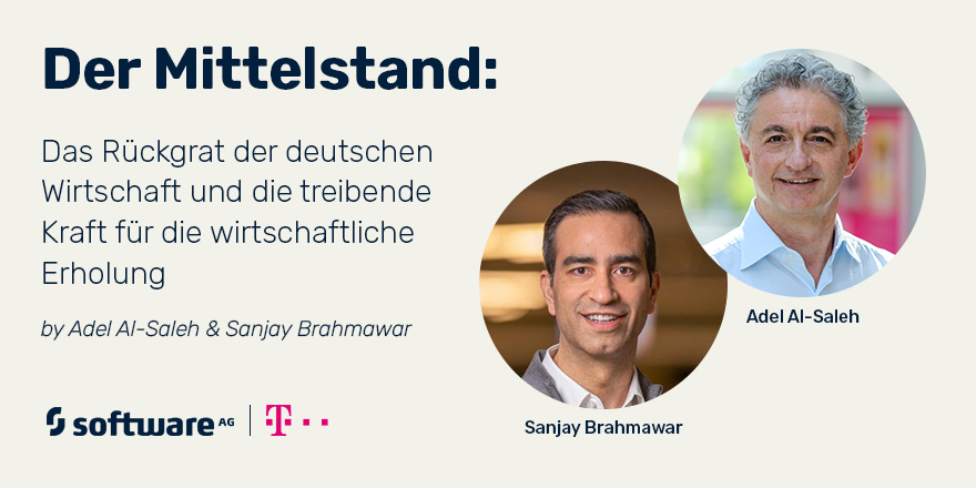 SoftwareAG's tweet photo. @adel_al_saleh, Vorstand von @deutschetelekom &amp; CEO von @tsystemsde, und @SanjayBrahmawar, CEO der @SoftwareAG, glauben an das Potenzial des deutschen #Mittelstand, die #Digitalisierung zu beschleunigen und die ökonomische Erholung des Landes zu fördern. https://t.co/UigSBh7qFS https://t.co/XDj9TaNirq