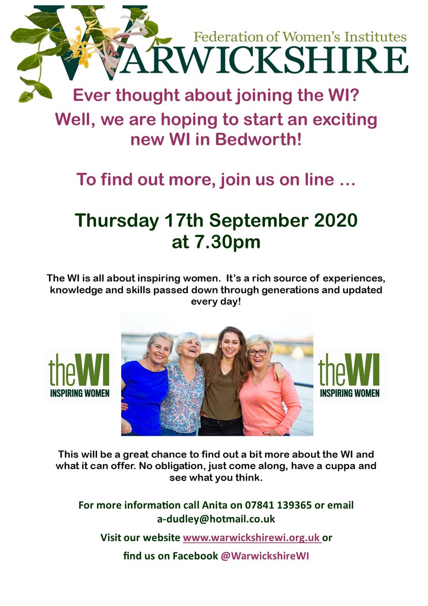WarwickshireWI's tweet photo. It's tonight!  Our first online meeting with all the women interested in being part of a new WI in Bedworth. We have had a great response and cant wait to see everyone. #inspiringwomen @WomensInstitute #myvirtualwi #ThursdayMotivation https://t.co/0eCNQkjwxO