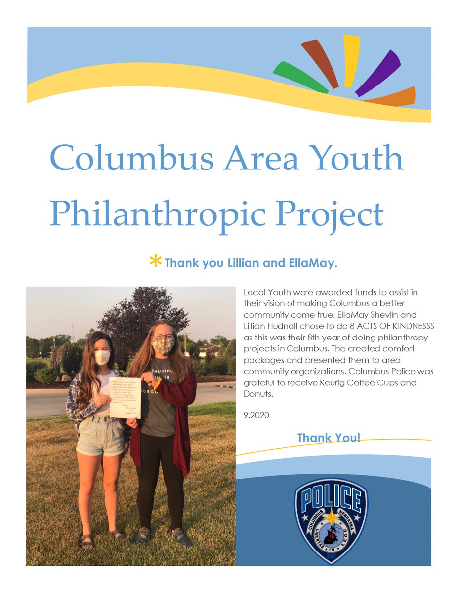 Columbus_NE_PD's tweet photo. Thank to Ella and Lillian for their commitment to our community! We are grateful to be the recipients of one of their 8 Random Acts of Kindness. #philanthropy #cpdne #community https://t.co/h4EdWYIBDJ