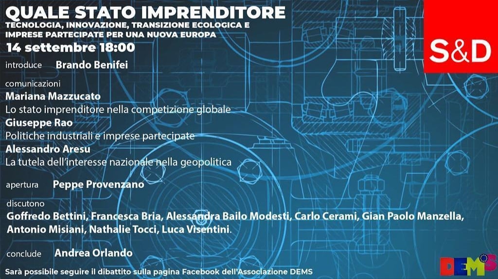 Ricordiamo il seminario di oggi, alle 18, QUALE STATO IMPRENDITORE. Sarà possibile seguirlo sulla nostra pagina Facebook Dems - Democrazia Europa Società: bit.ly/3iuKqtn
