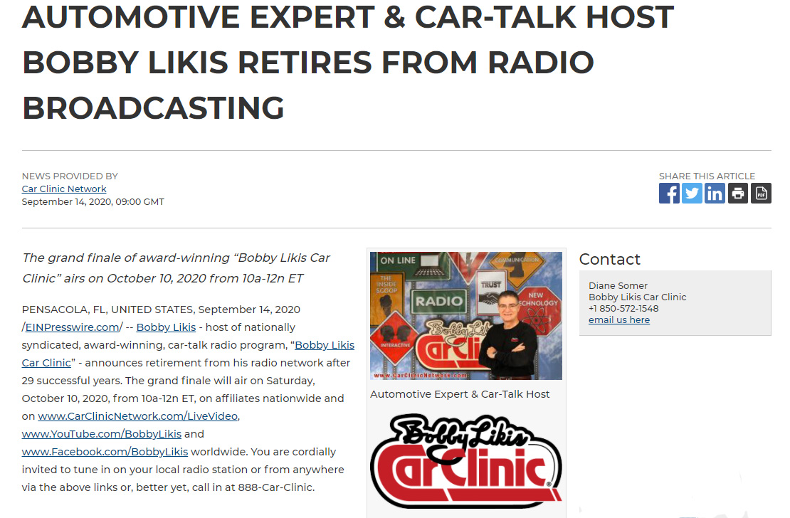 BobbyLikis's tweet photo. Big news from The Center of the Automotive Universe from Bobby Likis:

After 29 years of beloved broadcasting, I’m dropping the mic &amp; retiring from radio. The live “#BobbyLikisCarClinic” finale will air on Saturday, 10/10/2020, 10a-12n ET. Press release: https://t.co/V0nmompszK https://t.co/cqQVIQMzvJ