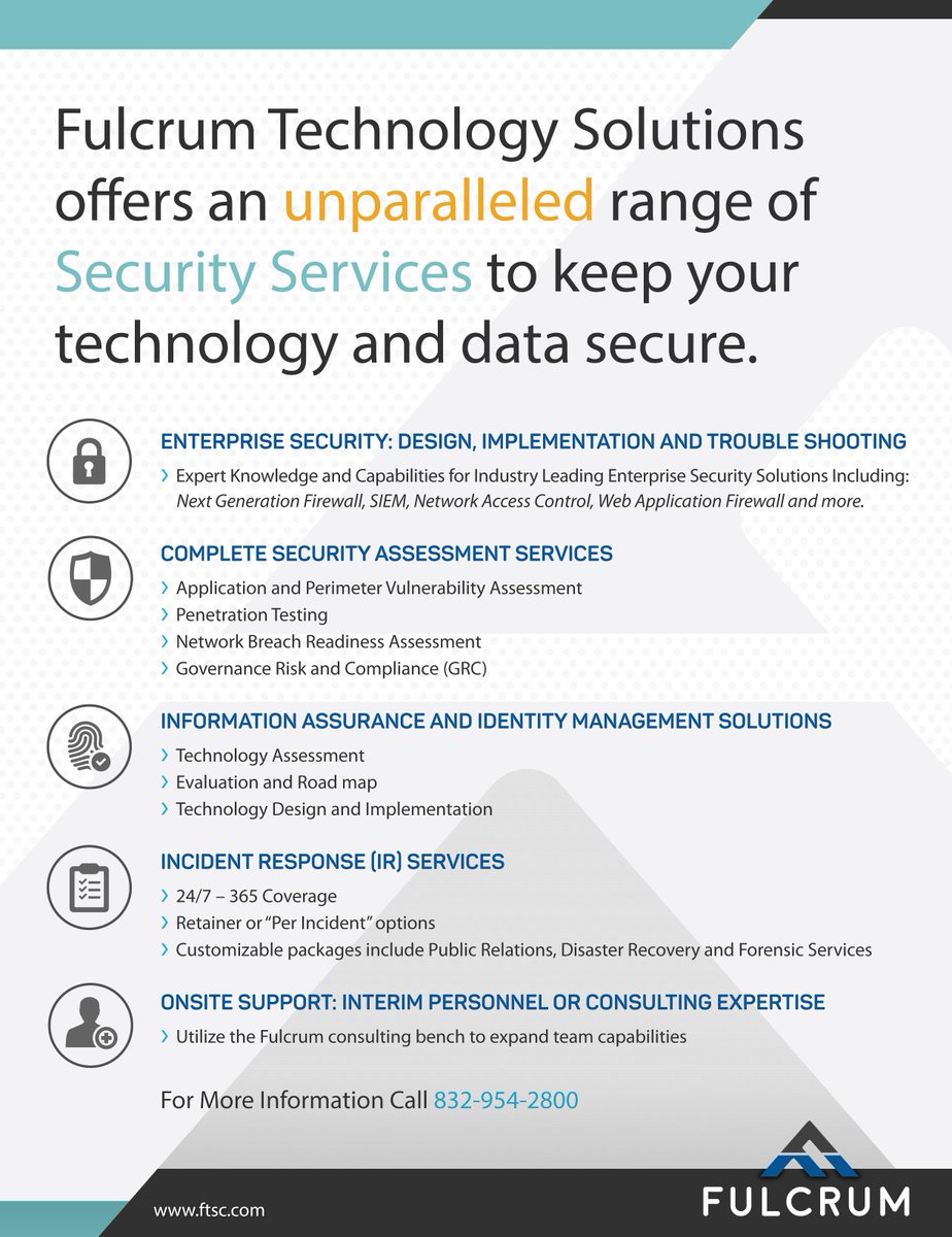 There are a lot of companies that say they deliver cybersecurity services, but at <a href="/fulcrumtsc/">Fulcrum</a>, we can prove that our cyber skills are unmatched. From complete Security Assessments to 24/7 Incident Response, our #SecurityTeam can handle your biggest challenges. info@ftsc.com