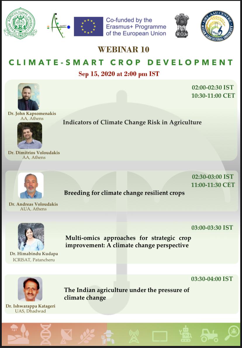 In collaboration with our AdaptNET, EU Project partners, we are having our Webinar 10 on Climate-Smart Crop Development. Join us live from 2:00 PM (IST) onwards on September 15, 2020. @adapt_net @DrBidyutKrSarm1 @moloyandri