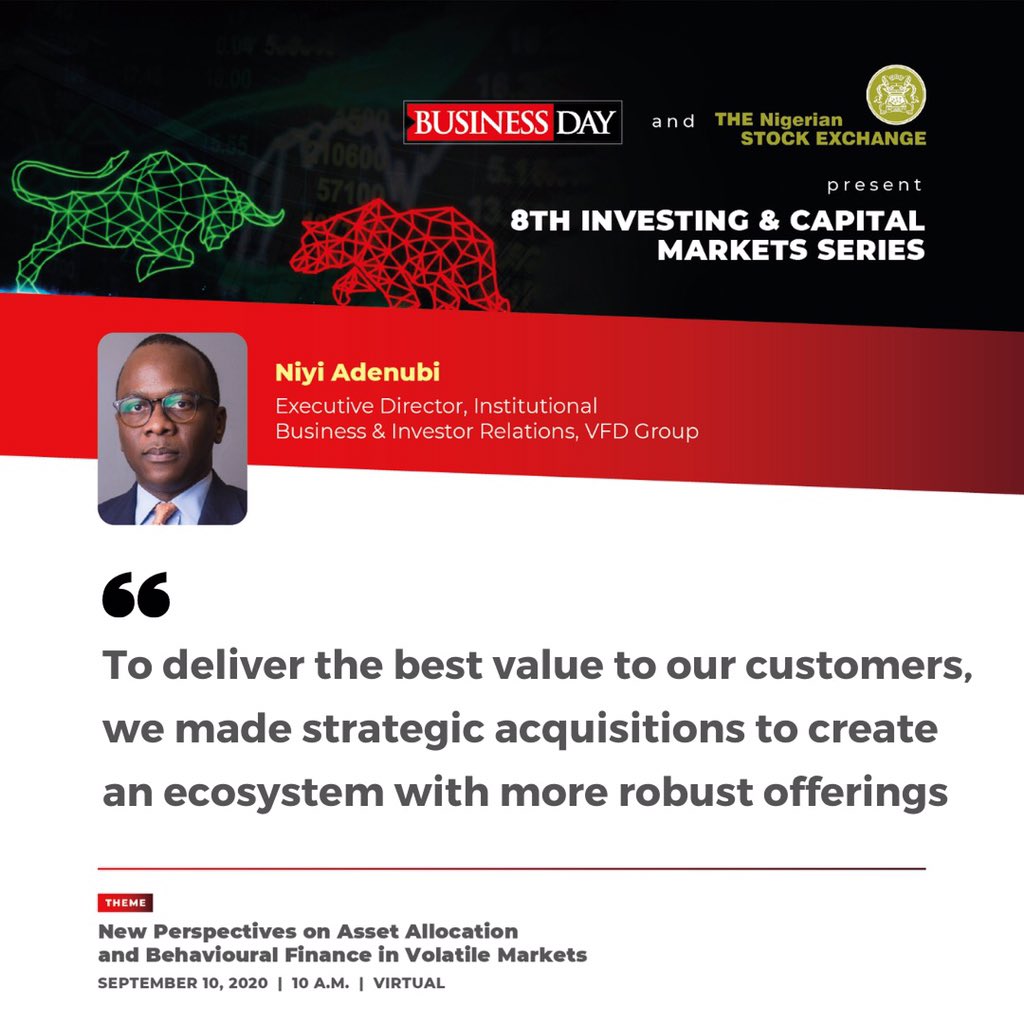 BusinessDayNg's tweet photo. Niyi Adenubi, Executive Director, Institutional Business &amp; Investor Relations @VFDGroup on the group's portfolio management impact on capital market

#BDDigitalDialogues https://t.co/1CMDTuna2n