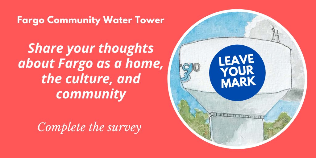 All Fargoans, young and old, are invited to share thoughts about #Fargo as a home, our culture, and community to directly inform a design for a new water tower.  Complete this survey: bit.ly/3gMZqkI  #ArtAboveTheHorizon #FargoCommunityWaterTower