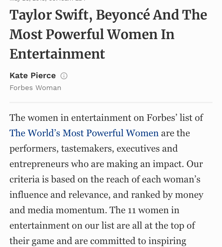 Not just that Taylor Swift and Beyonce are the only female artists since 2014 to be on FORBES top 100 most powerful women in the WORLD and that’s based on POPULARITY and IMPACT of the artist