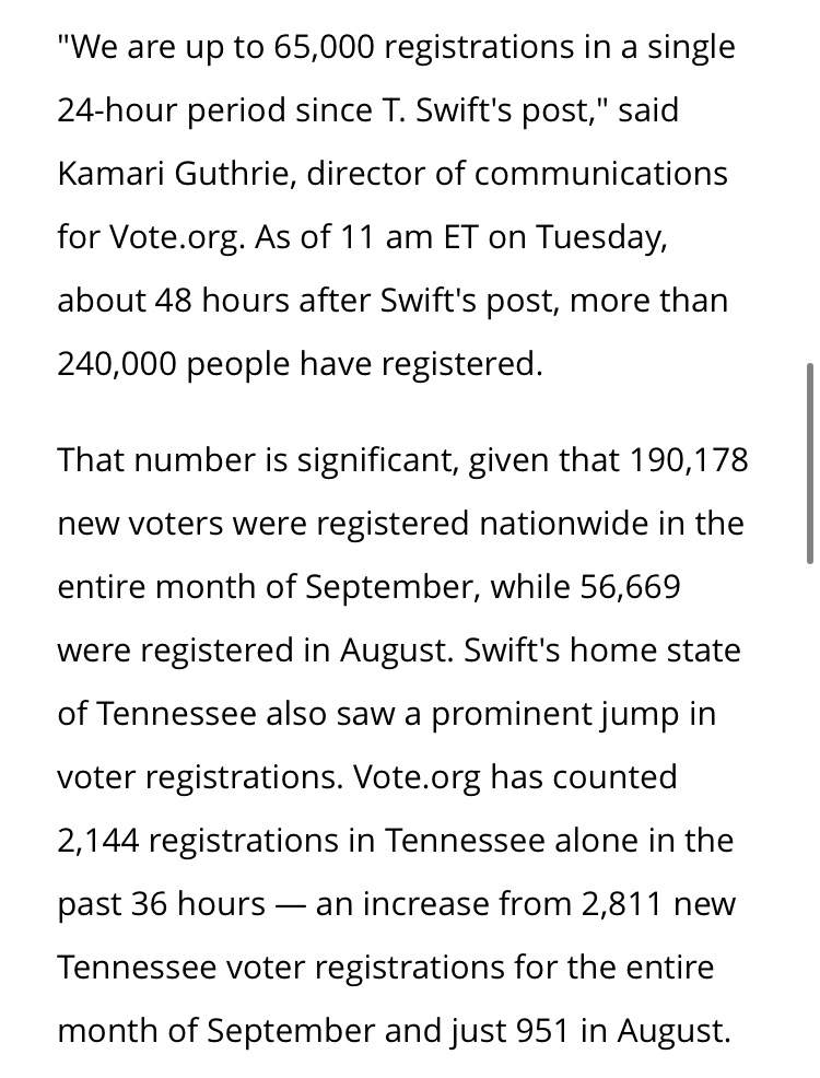 Taylor Swift popularity and impact went beyond music when her political statement in 2018 exploded the amount of voting registered numbers in website in less than 48 hours in Tennessee