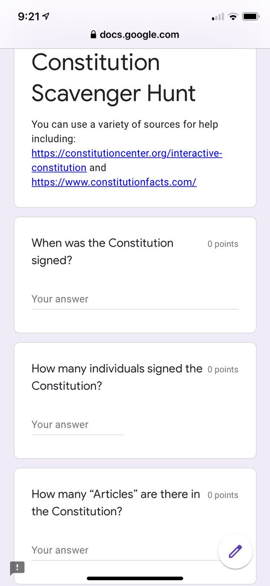 I recreated my annual Constitution Week Scavenger hunt in Google Form.  It’s current 20 questions & isn’t fancy but I’m happy to share.  #hsgovchat