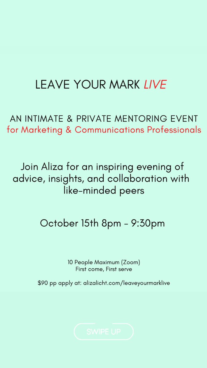 AlizaLicht's tweet photo. If you’re in marketing or communications and want to join my next mentoring event Oct 15th apply here: https://t.co/1rL3EMQS6Y https://t.co/v1Hy3Qs9yT