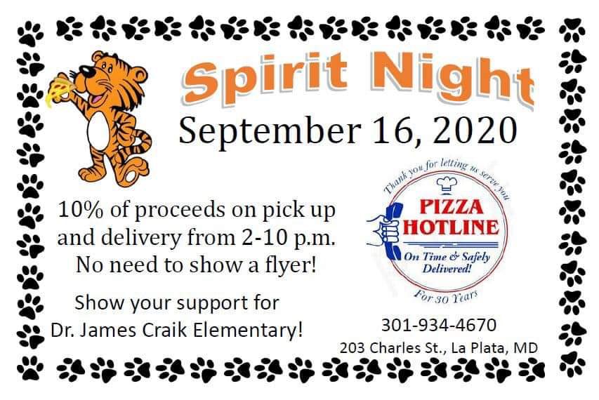 If you’re planning your lunch and dinners for the week, please consider Pizza Hotline on Wednesday 9/16 to show support for our tigers!! Be sure to mention Dr. James Craik when you order!!  Thank you!  🐯 🐯