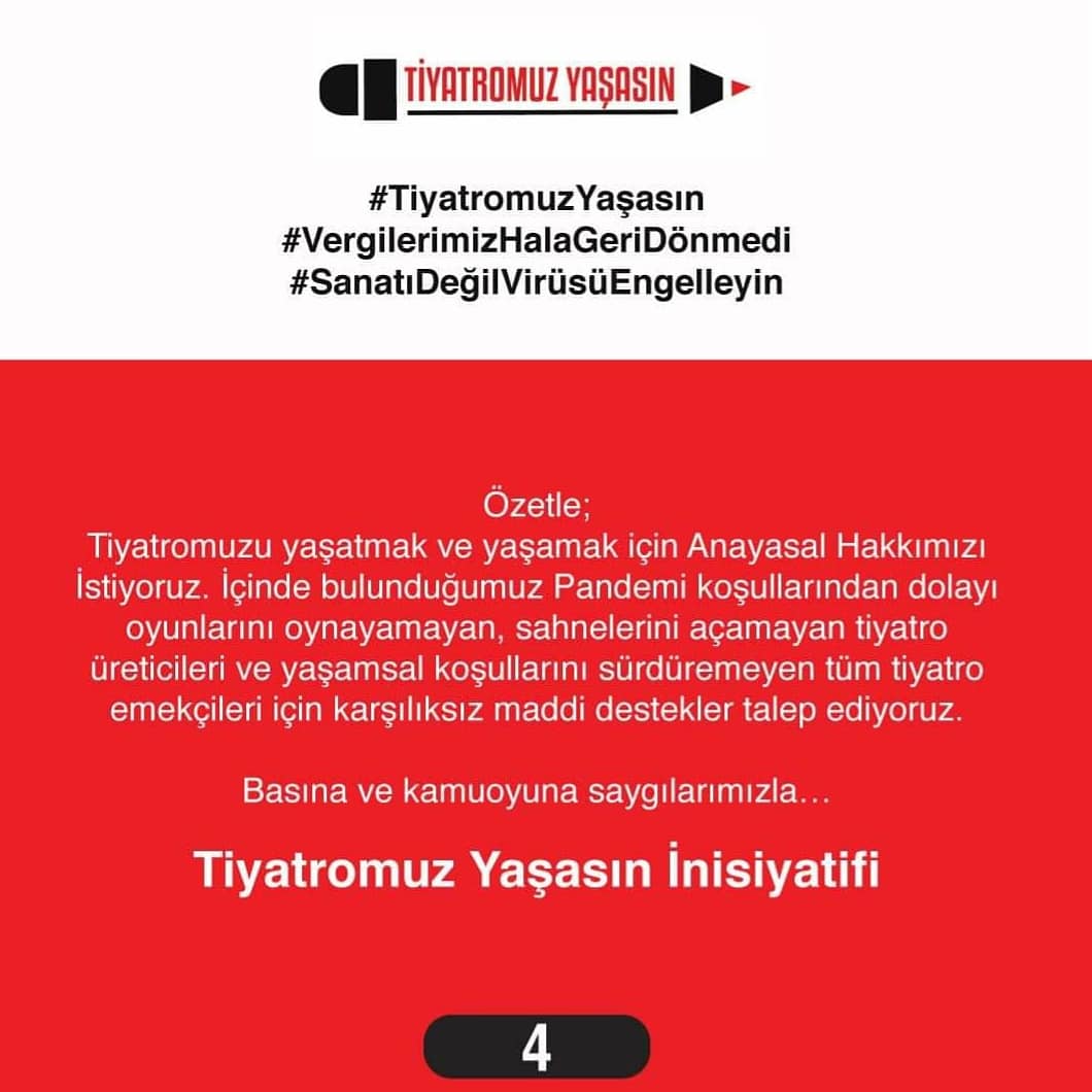 Tiyatromuz Yaşasın İnisiyatifi: 
“Anayasal Hakkımızı İstiyoruz!”

#TiyatromuzYaşasın 
#VergilerimizHalaGeriDönmedi 
#SanatıDeğilVirüsüEngelleyin