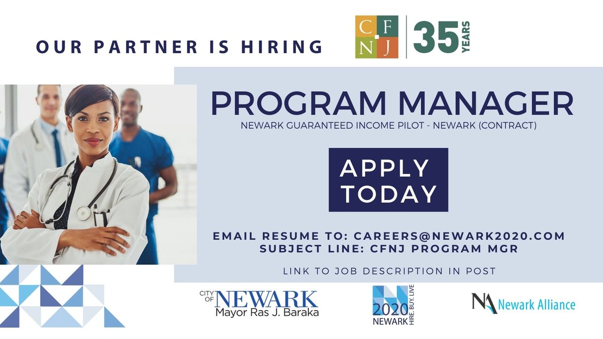 TOMORROW IS THE DEADLINE FOR THIS JOB OPPORTUNITY!
The Community Foundation of New Jersey is hiring a Project Manager. READ:  hubs.li/H0w8Yb_0  APPLY WITH US:  Email resume to: Careers@Newark2020.com  Subject Line:  CFNJ Project Manager
 #Newark2020 #HireNewark