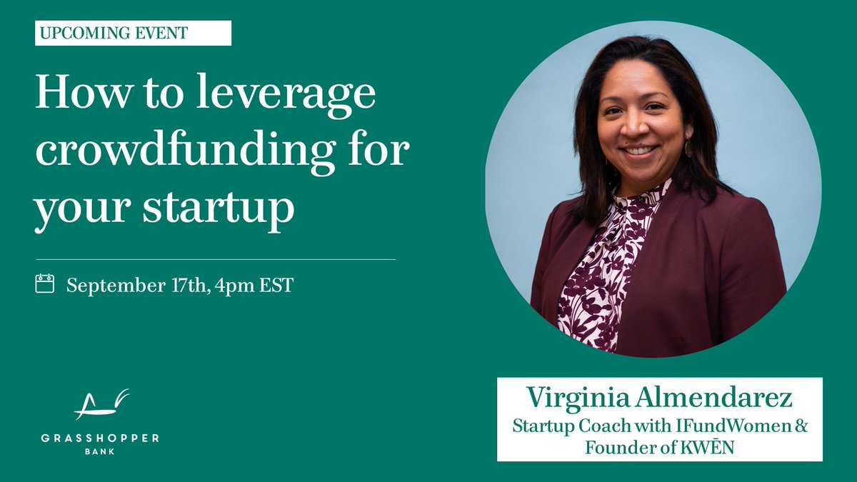 grasshopperbank's tweet photo. 📅 Join us Thursday for a discussion on crowdfunding with Virginia Almendarez, Startup Coach @IFundWomen &amp; Founder of Kwen.
You'll learn how to find the right crowdfunding platform, successfully launch and drive virality.  RSVP here: https://t.co/A4N3Gejpmm https://t.co/v60ai1NrSR