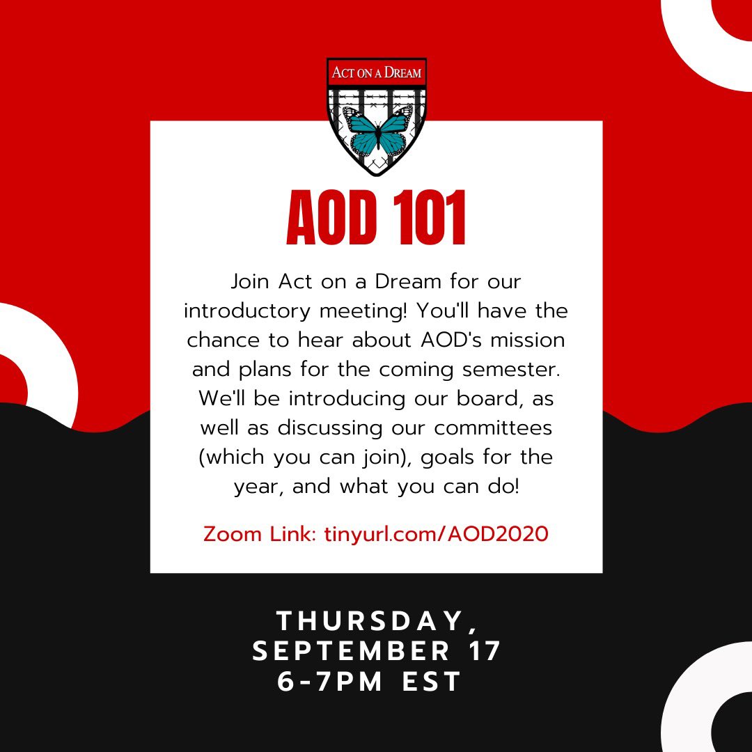 actonadream's tweet photo. Join AOD for our intro meeting on THURSDAY, SEPTEMBER 17TH FROM 6-7PM EST to hear about our mission and plans for the coming semester! We’ll be discussing our committees, goals, and sharing more about what YOU can do to get involved! All identities welcome 🦋 https://t.co/Bso1ZpYkEK
