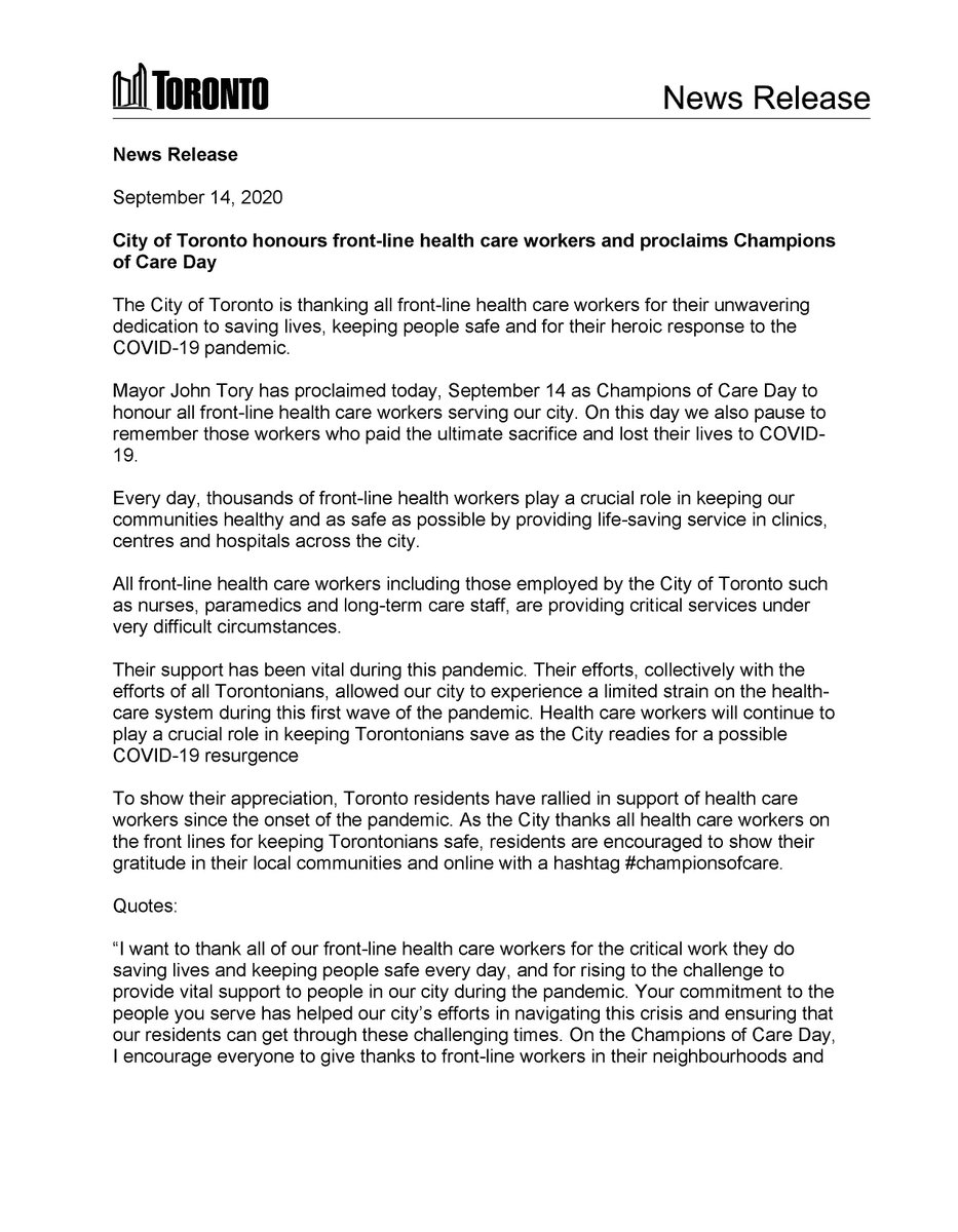 cityoftoronto's tweet photo. #CityofTO honours front-line health care workers and proclaims Champions of Care Day. News release: https://t.co/kqRjbMIQNI https://t.co/aWvEnnL47H