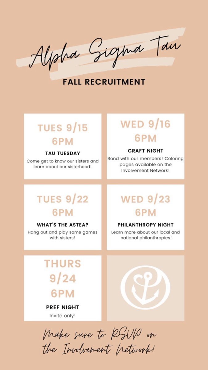 ASTBSU's tweet photo. We have some recruitment events coming up! If you want to know more about the events, check out Alpha Sigma Tau on the Involvement Network! https://t.co/7LRUbL8l35