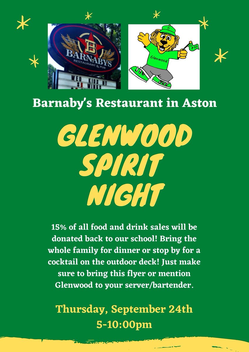 We hope you can make it to Glenwood's Spirit Night at Barnaby's in Aston!
