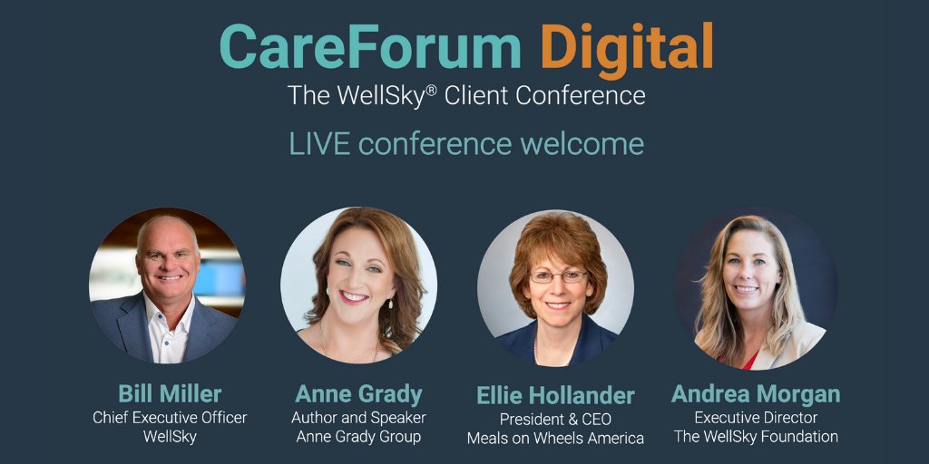 WellSkyHealth's tweet photo. Today is the day! #CareForum2020 starts at 10:30AM CT with our live welcome session — ft. @_MealsOnWheels  CEO Ellie Hollander, @AnneGradyGroup, the @WSKYFoundation's executive director, &amp; WellSky CEO Bill Miller.

You can still register today! Sign up: https://t.co/eULbCnF0EC https://t.co/Ta6qaacvem