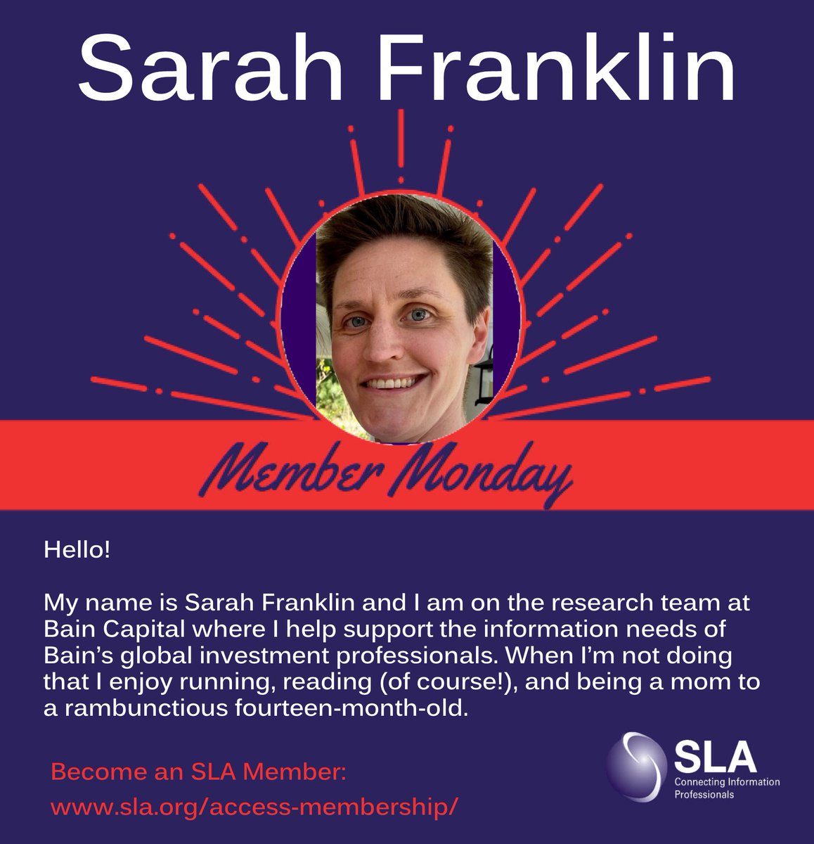 SLAhq's tweet photo. Hello #SLAers - it's #MemberMonday! Welcome to our new SLA member, Sarah Franklin!
Take part in the SLA community - grow your network, develop your skillset & advance your career. If you're not a member, join today!
https://t.co/KTq5RzAf5b
#OneSLA #SLA2020 #SLAMember https://t.co/ticAkDcb2V