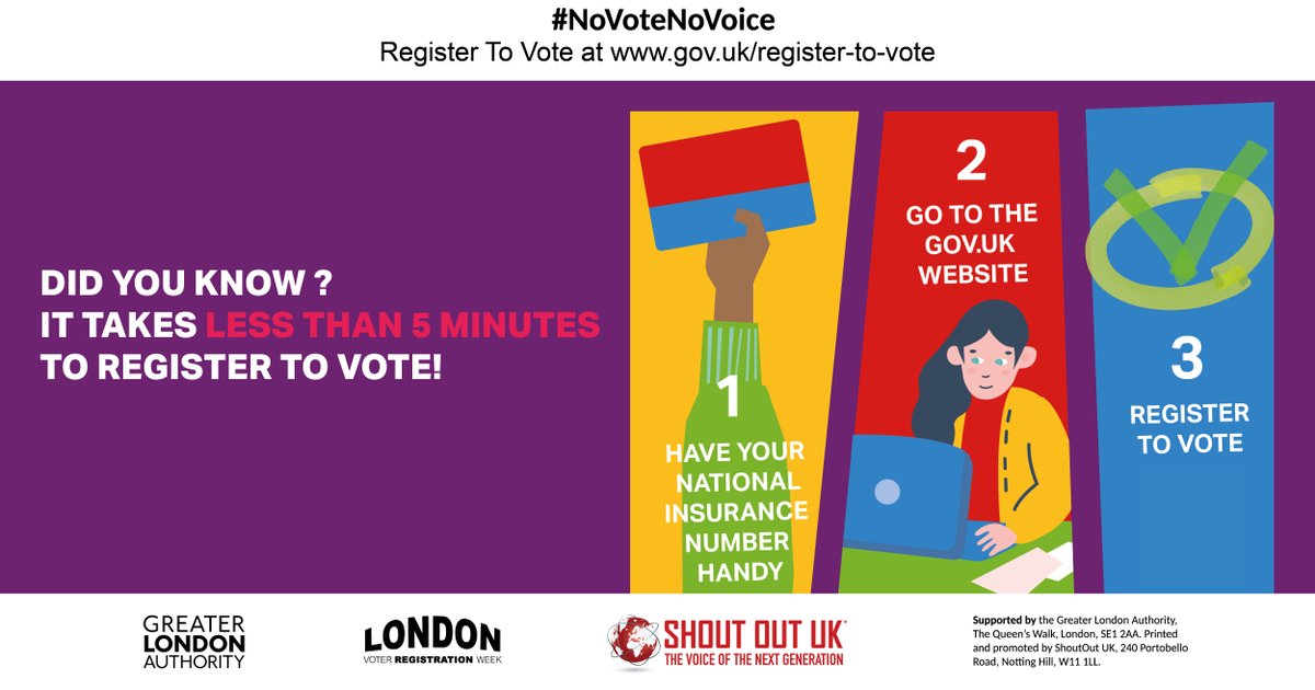 🗳️It is #London Voter Registration Week, so #RegisterToVote and ensure your voice is heard! 🗣️

It takes less than five minutes to register.
👉 gov.uk/register-to-vo…

#MondayMotivation #NoVoteNoVoice