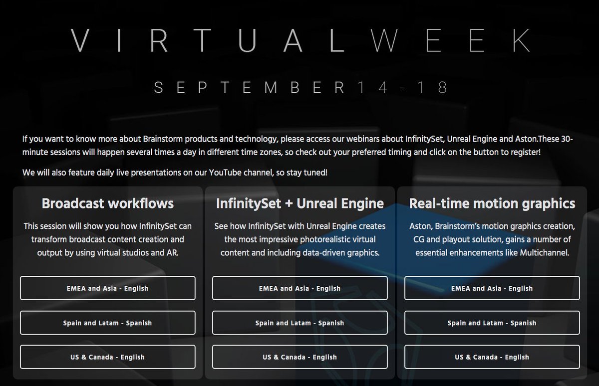 brainstorm3d's tweet photo. #BrainstormVirtualWeek - Today's featured webinar: #InfinitySet + #UnrealEngine
EN https://t.co/MlgFBi0Q6h
ES https://t.co/jDJ1cCDyrs

Check the program https://t.co/oAG1DHSqk4

#AR #VR #VirtualSet #BroadcastGraphics #storytelling #BroadcastTech #filmmaking #VirtualProduction https://t.co/Nf3h45DcvP