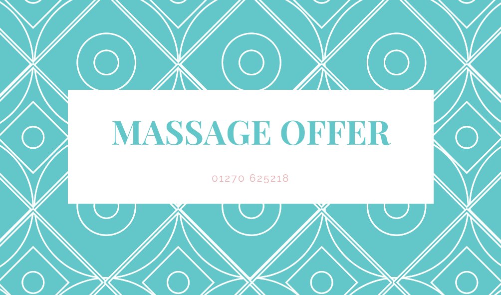 MASSAGE OFFER - 60 mins - £38 with Jenny &amp; Sophie M

A wonderful back, leg &amp; foot massage - starting with a gentle Decleor exfoliation then a stress relieving massage to soothe &amp; release day to day aches &amp; pains or just for pure relaxation....bliss!

Call 01270 625218 to book