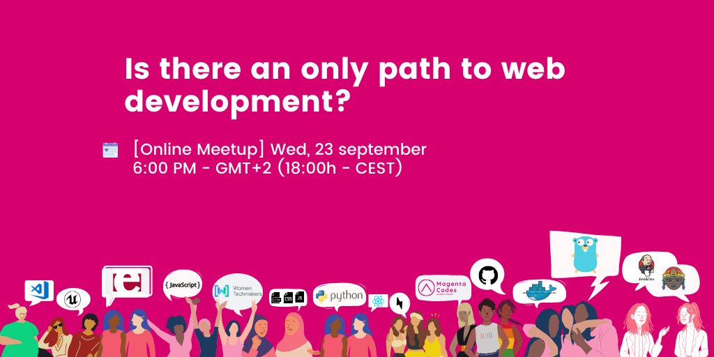 MagentaCodes's tweet photo. 📢Next @Meetup about Is there only one way to #webdevelopment? 👩‍🎨We will have 3 talks that will guide you to find your own way. Every web developer should attend this. Our special guests are: @_trinwin @aleja_ferre and @AuxiMartinez #WomenInTech
💁‍♀️Join us https://t.co/xZuQULZcXw https://t.co/SIfNdDiszV
