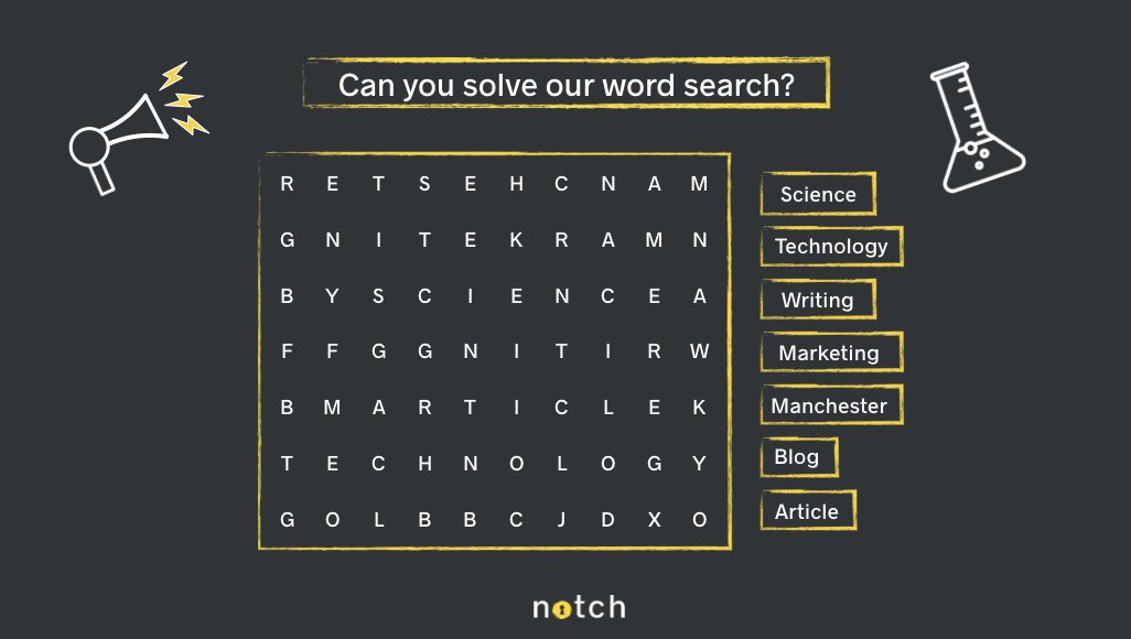 NotchCom's tweet photo. Can you solve our Notch #WordSearch? 🔍😆 We are currently looking for talented Scientific Writers to join our team! 🖋️ Learn more about the positions available and apply here: https://t.co/DZZoKzl595 #SciComm #ScienceJobs https://t.co/ryHLnBrlK0