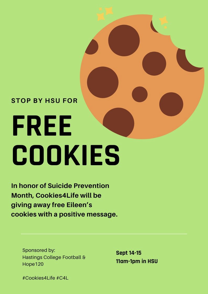 HCBroncoFB's tweet photo. Bronco Football and #Hope120 are partnering together for Suicide Prevention Month! Make sure to stop by HSU today and tomorrow from 11-1! #Cookies4Life https://t.co/GRZyiHv0x3