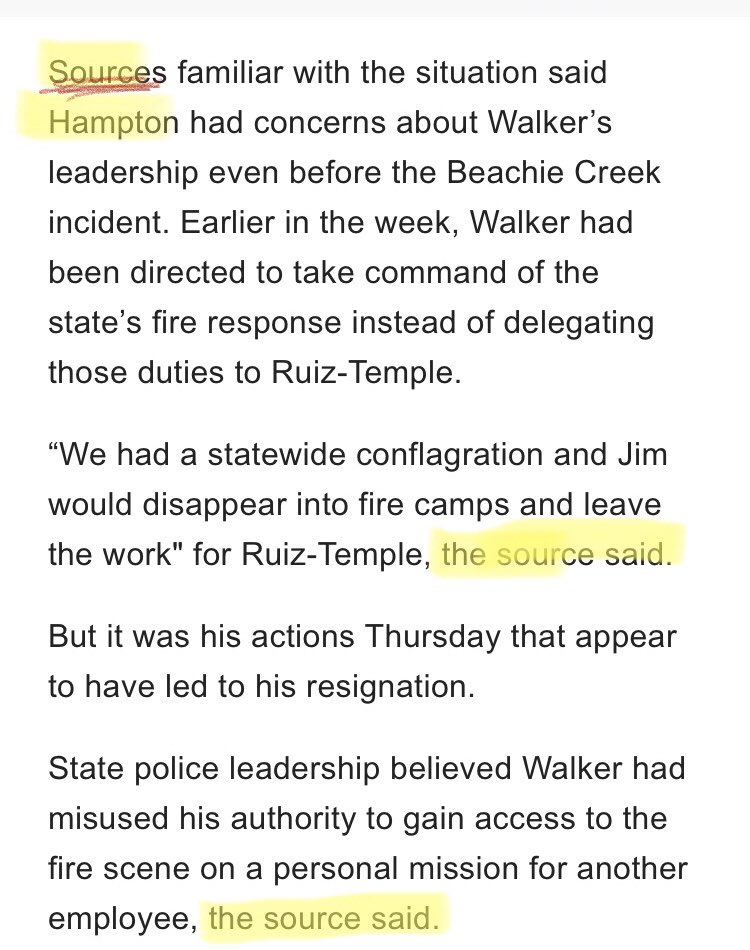 Crombie says “sources” referring to people with knowledge of OSP Top Cop Hampton, but then switches to “source” for the rest of the snitch report.So cops (1, 2?) are hammering Walker over trivialities, while Governor Kate Brown and Superintendent Hampton say nothing. Ok./18