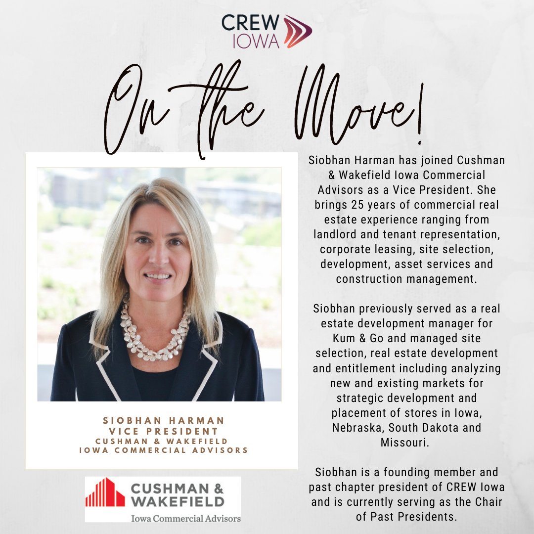 CREWIowa's tweet photo. Siobhan Harman has joined Cushman &amp; Wakefield Iowa Commercial Advisors as a Vice President. Congratulations to Siobhan on this career move!👏

#CREWIowa #ThinkCREWFirst #CommercialRealEstate https://t.co/DfiFkneAxD