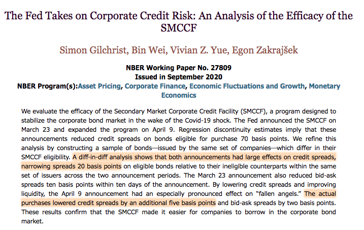 you: corporate QE is a trillion dollar slush fund, free money for corporationsme: it probably just reduced spreads 15-30bp.newest big TRACE research: it reduced spreads 25bp.Prescient, bold market calls: why you follow  @rortybomb on twitter dot com. https://www.nber.org/papers/w27809 