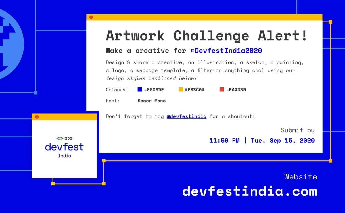 GDGIndia's tweet photo. 🎉Contest Alert🎉

We are back with yet another contest - "Artwork Challenge" with some cool giveaways for the top 3 winners.

Theme - Technology | Community | Both

Do follow the guidelines and share your submission in the comment section.

#DevFest #DevFestIndia #ContestAlert https://t.co/EAoc8QP4Ef