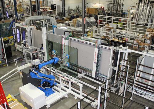 GlassMag's tweet photo. On Display #GlassBuildConnect 
@ErdmanCorp Unmanned IG Work Cell 
Innovative labor reduction operation with faster output allowing more efficiency and focus in other areas of the  company.
Learn more:
https://t.co/h4dFLv2wIH
#ManufacturingMonday https://t.co/utwoSVik5Z