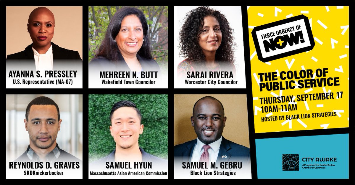 SMGebru's tweet photo. I'm thrilled to host The Color of Public Service, a special #FUNinBOS event this Thursday on navigating government and politics as people of color, featuring: @AyannaPressley @mehreenboston @Sarai4Worcester @followmeRDG @SamuelJHyun.

RSVP now: https://t.co/jCvkCmf4IH #mapoli https://t.co/TkreGzfiI0