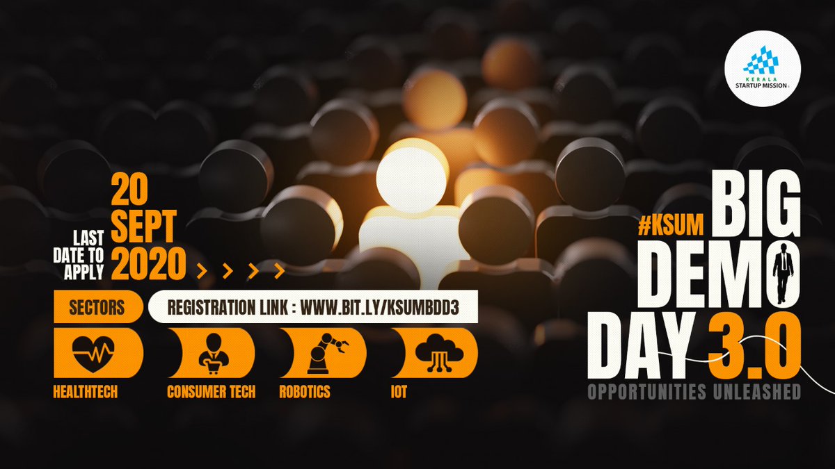 startup_mission's tweet photo. As promised, @startup_mission is back with the third edition of #BigDemoDay!

The key areas of focus include #Healthtech, Consumer Tech, #Robotics and #IoT. #Startups belonging to the above-mentioned sectors are invited to apply for #KSUM Big Demo Day 3.0.
https://t.co/XHqmfpHIWy https://t.co/ueP6v2MbQC
