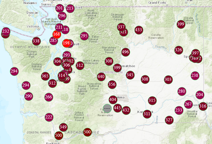 Air quality monitoring map of Washington, showing most of the state in the very unhealthy to hazardous level due to smoke. 