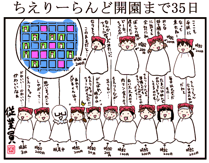 ちえりーらんどは健全な職場です。勤務は週7日。給与携帯は時給200円からで上がったり(?)下がったりします。素敵な先輩達といっしょにゴミ箱並べに汗を流しませんか?ちえりちゃんとずーっと一緒にいられるというボーナスがあります。現在オープニングスタッフを募集中です!
#ちえりーらんど 
