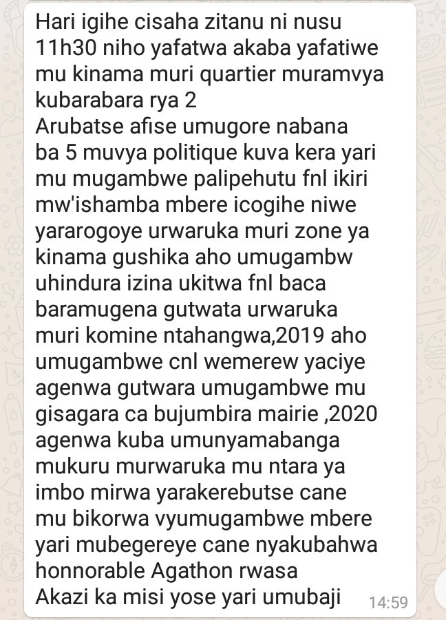 pnininahazwe's tweet photo. Donatien Ciza, Conseiller communal de #Ntahangwa, responsable de la jeunesse du CNL dans la région du #Mirwa, a été enlevé à #Kinama, à 11h30, par des agents du SNR. Emmené chez le chef du SNR à Kinama. (Sources familiales).
#Burundi https://t.co/Z2LqCrlpq5